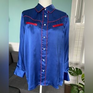 New The J.Peterman Company Western Silk Satin Red Blue Shirt Holidays